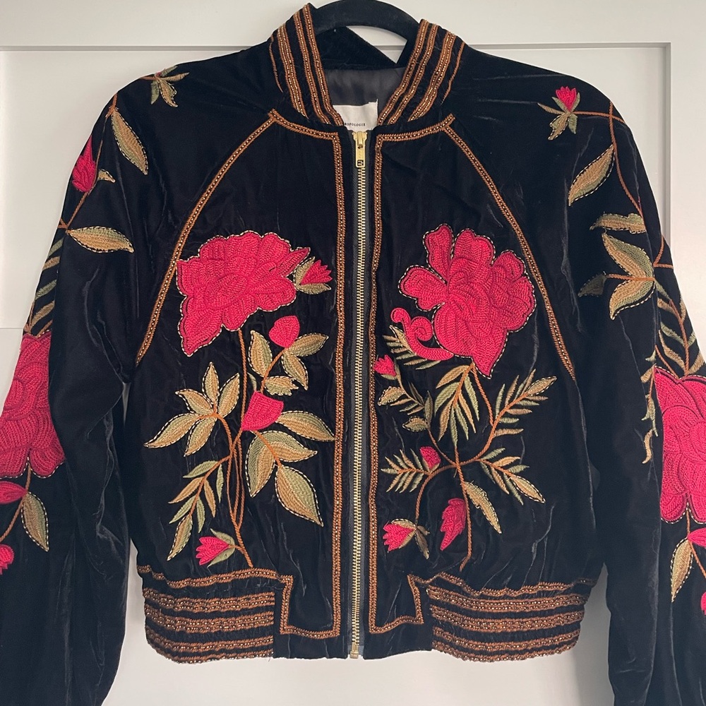 By Anthropologie Velvet Embroidered Floral Bomber Jacket